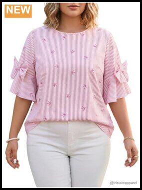 Plus Size Bow Striped Ruffle Half Sleeve Crewneck Blouse
